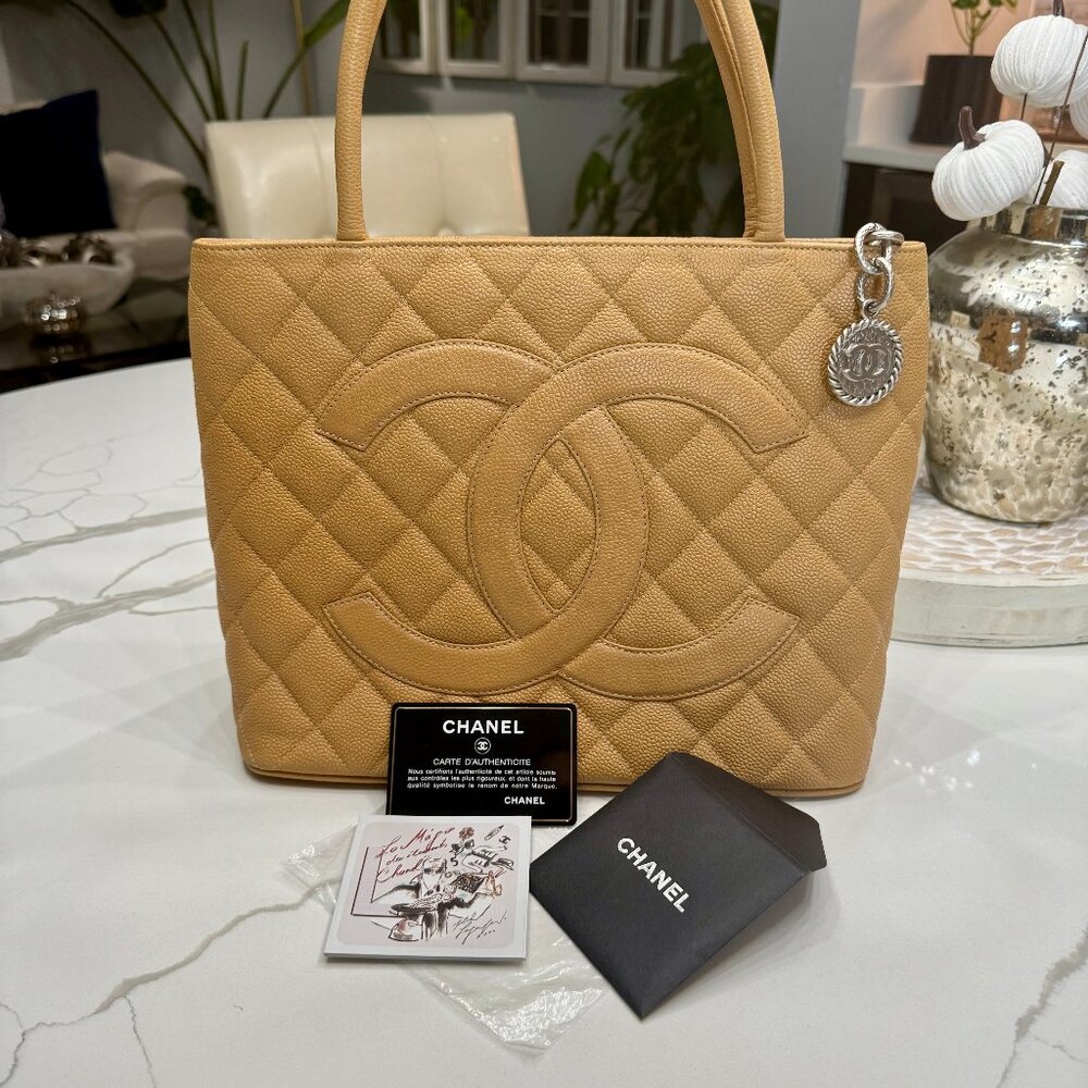 CHANEL Caviar Quilted Medallion Tote Bag Tan